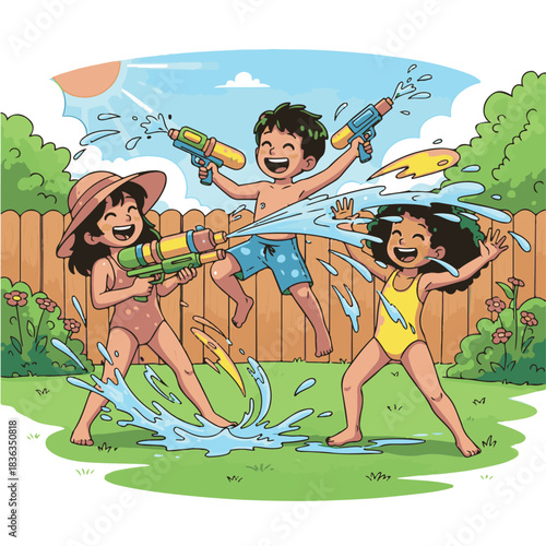 Summer Fun: Joyful children engage in a spirited water gun battle, splashing and laughing under the sun's warm rays, creating a vibrant scene of summer bliss.
