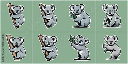 Cute Australian Koala Icon Set with Adorable Grey Marsupial Climbing Tree Branch, Holding Fresh Eucalyptus Leaves and Standing in Multiple Playful Wildlife Poses Illustration