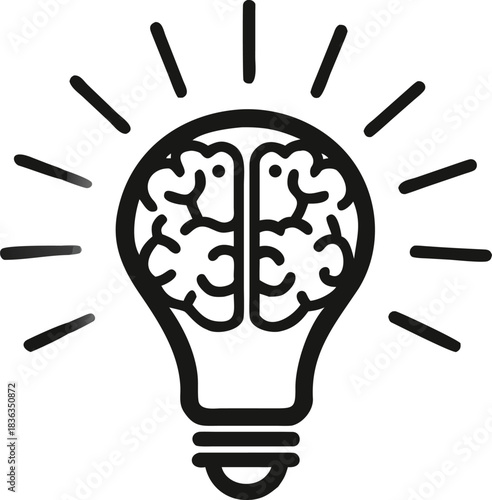 A black outline of brainshaped lightbulb emits rays and suggests innovative ideas
