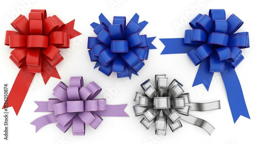 Realistic 3D Gift Bows in Red, Blue, Purple, and Silver, Top View on White Background, High Detail