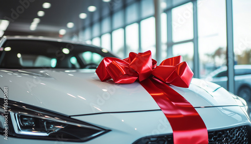 Red gift ribbon on a car. car in an auto showroom, modern dealership environment