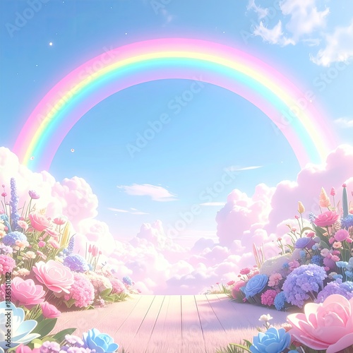 Pastel rainbow over a floral pathway