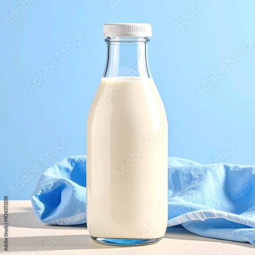 A glass milk bottle stands on a white surface, next to a blue cloth