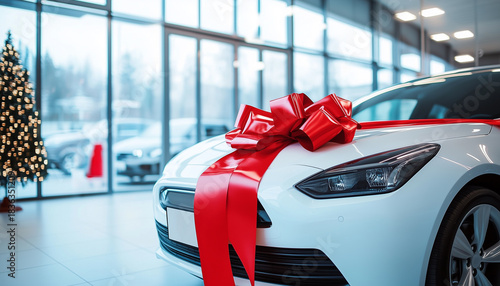 Red gift ribbon on a car. car in an auto showroom, modern dealership environment