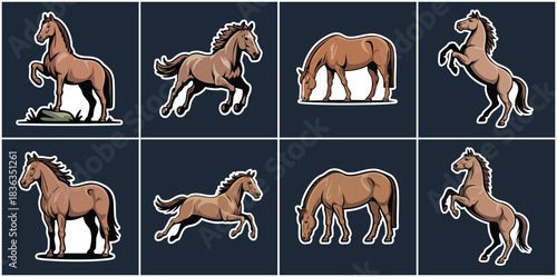 Dynamic Horse Animal Icon Set Featuring Brown Stallion in Running Galloping Jumping and Rearing Poses for Equestrian Sport, Farm Life, Ranch Use, and Wildlife Illustration Needs