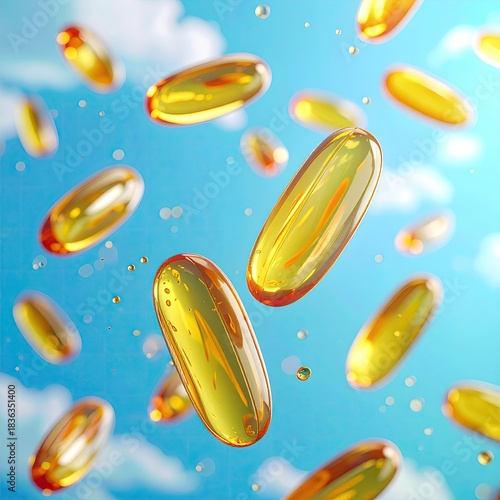 Golden capsules float against a bright sky
