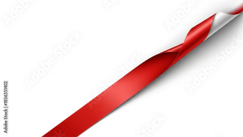 Red Diagonal Corner Ribbon Wrapping White Page Corner with Realistic Shadows on White Background