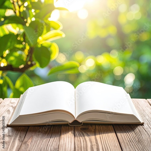 Open book on wooden table, lush green backdrop