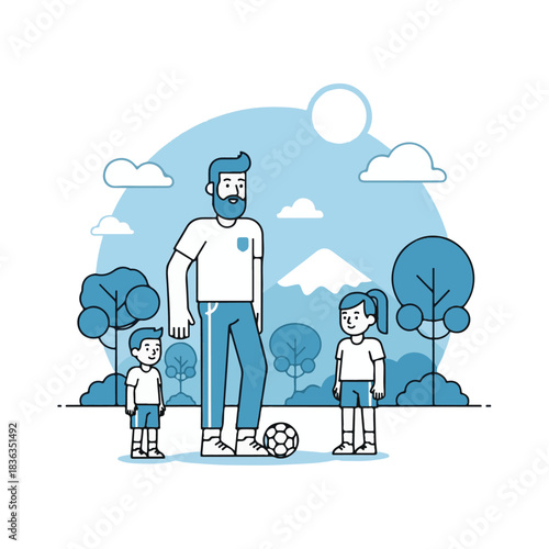 Family Fun Day: A cheerful illustration captures the essence of family bonding, a father and his children gather outdoors for a game of soccer, celebrating the joy of togetherness.