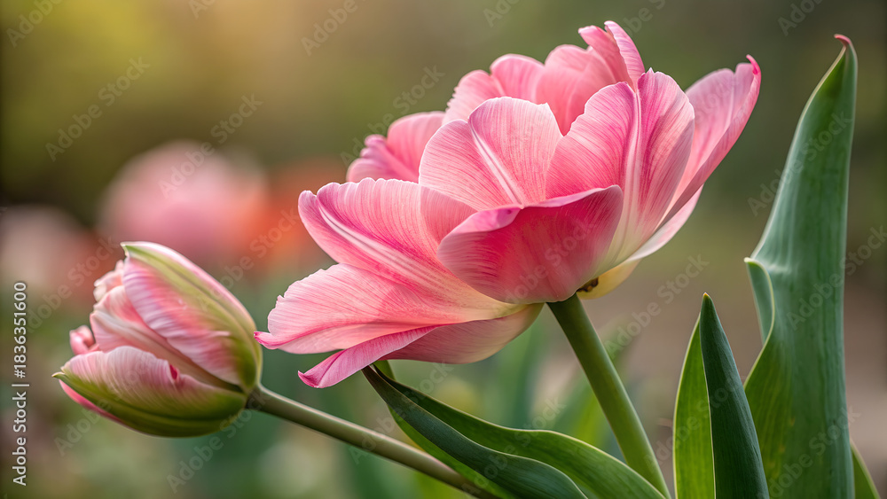 Obraz premium Regular tulip at the bottom, with a second open flare of petals blooming above.