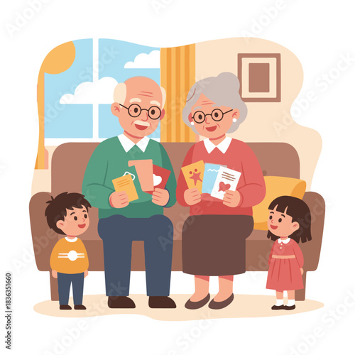 Joyful Moments with Loved Ones: A heartwarming scene unfolds as a smiling older couple shares precious moments with their grandchildren. With the warmth of family and a cozy home setting.