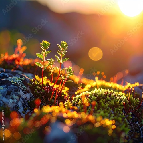 Small plants thrive on rocks at sunset.  Golden light bathes a rocky outcrop, showcasing vibrant moss and  tiny plants, illuminated by a beautiful sunset