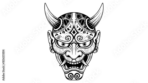 Japanese Oni mask, fierce expression, horns, traditional patterns, black and white vector, sharp lines, isolated