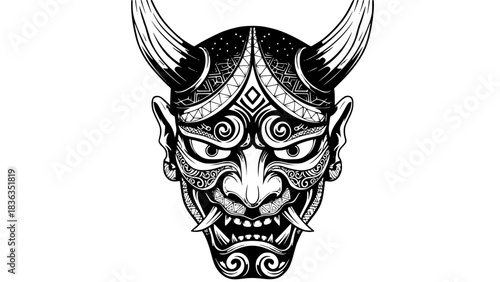 Japanese Oni mask, fierce expression, horns, traditional patterns, black and white vector, sharp lines, isolated