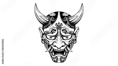 Japanese Oni mask, fierce expression, horns, traditional patterns, black and white vector, sharp lines, isolated