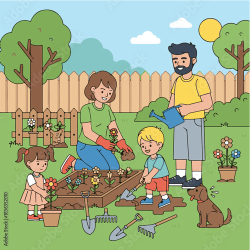 Family Gardening Together: A heartwarming illustration captures a family united in the joy of gardening, nurturing their garden and cultivating both flowers and memories.