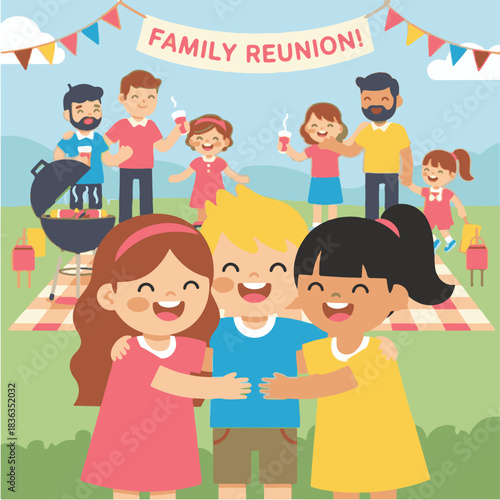 Family Reunion Celebration: A heartwarming scene unfolds as a close-knit family gathers joyfully outdoors, celebrating a special reunion amidst vibrant decorations.