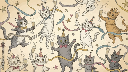 Cats Celebrating with Champagne and Party Hats in Festive Illustration.