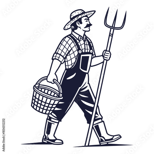 An farmer walks carrying a basket and a pitchfork with a determined look