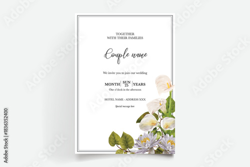 WEDDING INVITATION FRAME WITH FLOWER DECORATIONS AND FRESH LEAVES