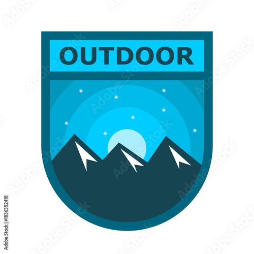 Outdoor mountain badge. Night sky adventure emblem. Suitable for camping, hiking, trekking, nature adventure graphics, travel labels, apparel prints and wilderness-themed designs. Vector illustration