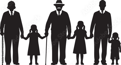 Three generations of men and their granddaughters walking together silhouette