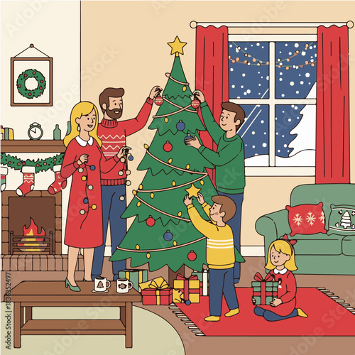 Family Action Decorating Christmas Tree Together at Home in Cozy Living Room with Holiday Spirit