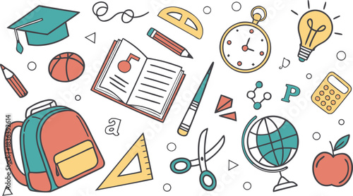 Set of Simple Cartoon School Things. colorful school-themed doodle vector illustration featuring a large collection of hand-drawn educational icons scattered around the canvas.