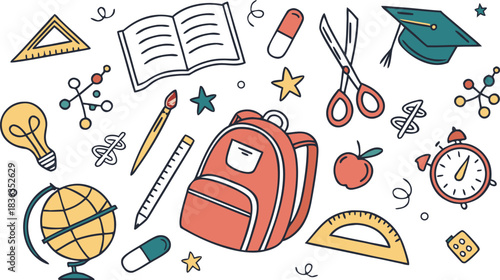 Set of Simple Cartoon School Things. colorful school-themed doodle vector illustration featuring a large collection of hand-drawn educational icons scattered around the canvas.