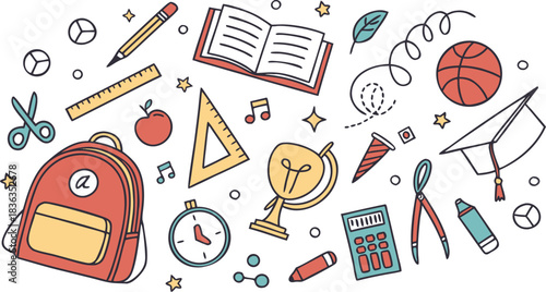 Set of Simple Cartoon School Things. colorful school-themed doodle vector illustration featuring a large collection of hand-drawn educational icons scattered around the canvas.