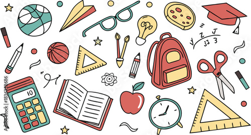 Set of Simple Cartoon School Things. colorful school-themed doodle vector illustration featuring a large collection of hand-drawn educational icons scattered around the canvas.