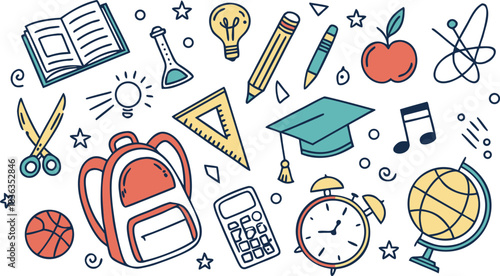 Set of Simple Cartoon School Things. colorful school-themed doodle vector illustration featuring a large collection of hand-drawn educational icons scattered around the canvas.