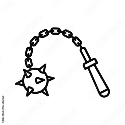 Flail Medieval Weapon with Spiked Ball and Chain Line Art Icon