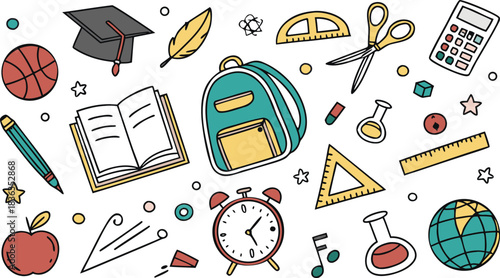 Set of Simple Cartoon School Things. colorful school-themed doodle vector illustration featuring a large collection of hand-drawn educational icons scattered around the canvas.