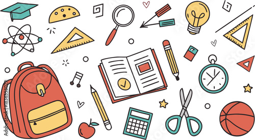 Set of Simple Cartoon School Things. colorful school-themed doodle vector illustration featuring a large collection of hand-drawn educational icons scattered around the canvas.