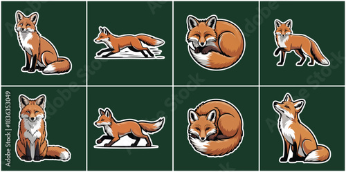 Red Fox Wildlife Icon Collection Showing Playful and Agile Forest Mammal in Multiple Natural Poses for Nature Conservation Outdoor Branding and Fauna Illustration Projects
