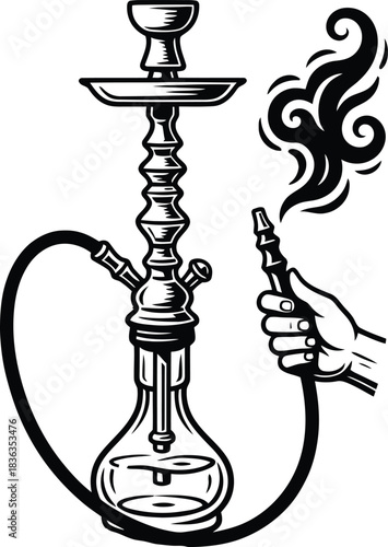 Hookah Smoking Illustration – Traditional Shisha Pipe with Hand and Smoke Vector Art