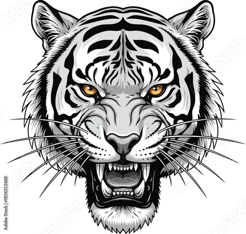 tiger head vector illustration featuring roaring expression and intense yellow eyes. Aggressive wild animal mascot design for sports logos or tattoo art.