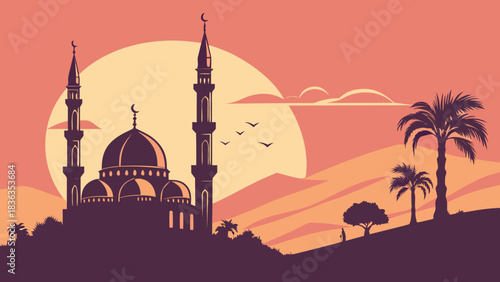 Silhouette of a mosque skyline at sunset.