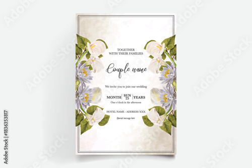 WEDDING INVITATION FRAME WITH FLOWER DECORATIONS AND FRESH LEAVES