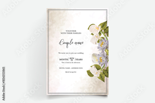 WEDDING INVITATION FRAME WITH FLOWER DECORATIONS AND FRESH LEAVES
