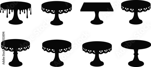 Set of Cake Stands and Pedestal Tables Silhouette, Various Dessert Display Platters with Lacy Edges and Drip Icing, Bakery and Party Icons