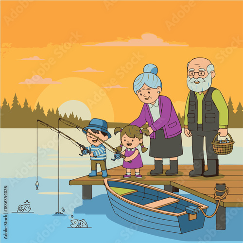 Grandparents teach their grandchildren how to fish from a wooden dock at sunset, with a small boat nearby and fish jumping in the water.