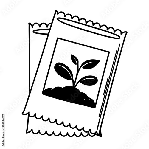 Two seed packets with scalloped edges and a plant growing from soil depicted on the front packet design