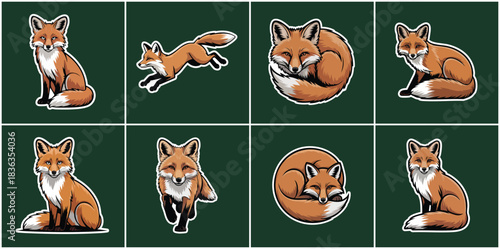 Wild Forest Fox Animal Icon Set with Red Cunning Mammal in Dynamic Natural Poses Running Jumping Resting and Curling for Wildlife Fauna Nature and Outdoor Creative Projects