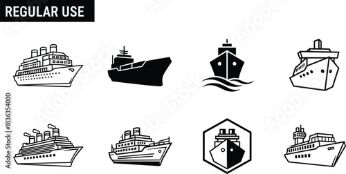 Set of Cruise Ships and Cargo Vessels Vector Icons, Passenger Liner, Freighter, and Front View Ship, Black Silhouette and Outline Illustration for Maritime Travel