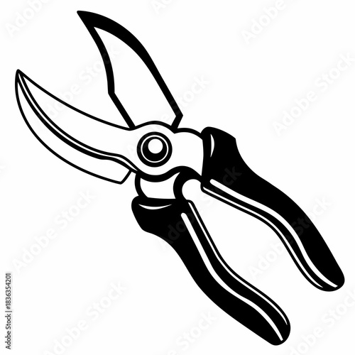 Illustration of pruning shears with black handles and silver blades in an open position on white background