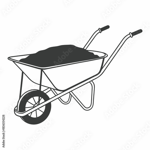 Illustration of a wheelbarrow filled with dark material ready for garden or construction work use tool