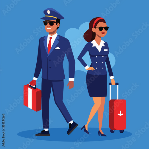 Airport staff illustration shows smiling African American man and woman with luggage on a blue background