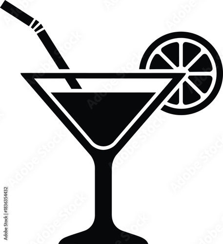 Cocktail Glass Icon with Lemon Slice and Straw – Drink Symbol Vector